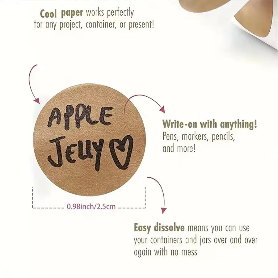 A round brown kraft paper seal label with the text APPLE JEUY and instructions for use.