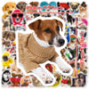 A brown and white dog wearing a beige sweater is featured in a collection of realistic dog meme stickers.