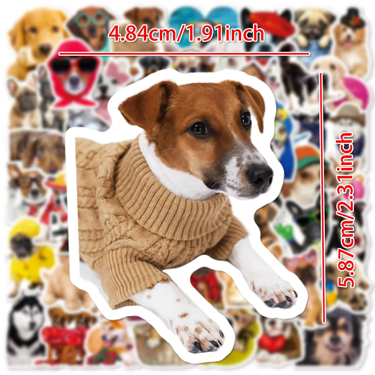 A brown and white dog wearing a beige sweater is featured in a collection of realistic dog meme stickers.