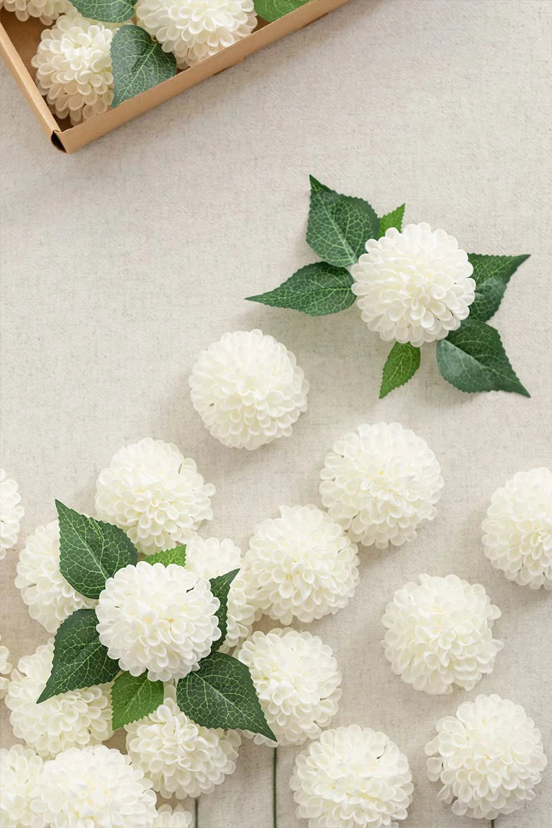White Dahlia Artificial Flowers with Stems – 25-Piece Set for Wedding & Event Decor