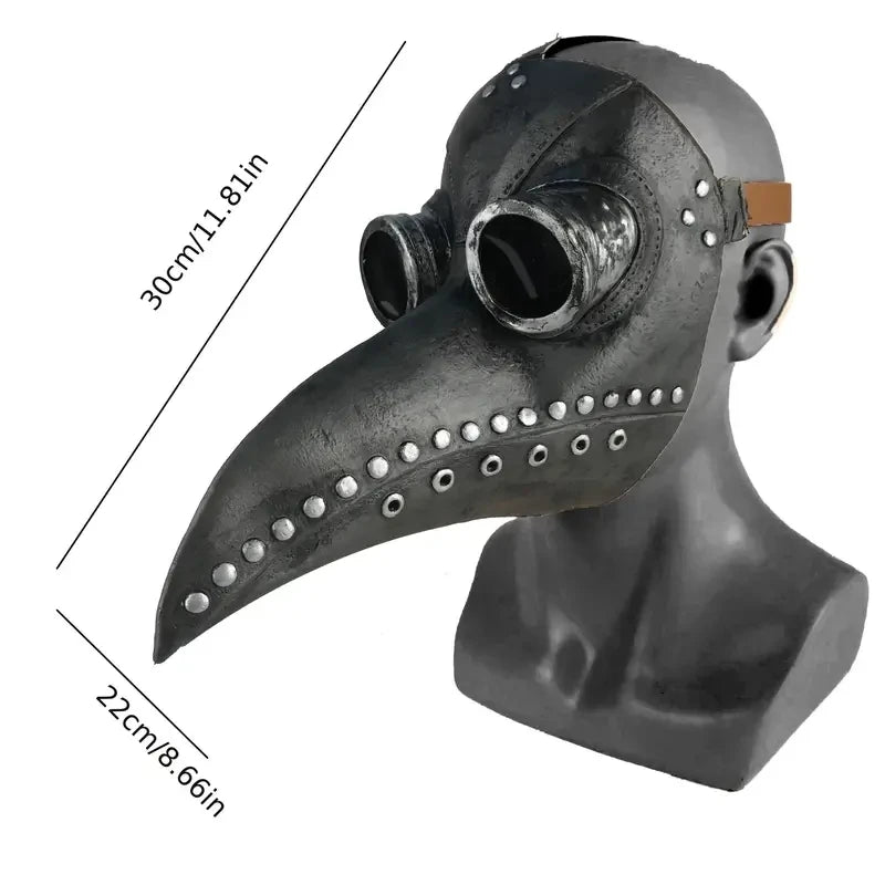 A black plague doctor mask made of natural latex, shown in profile with dimension lines.