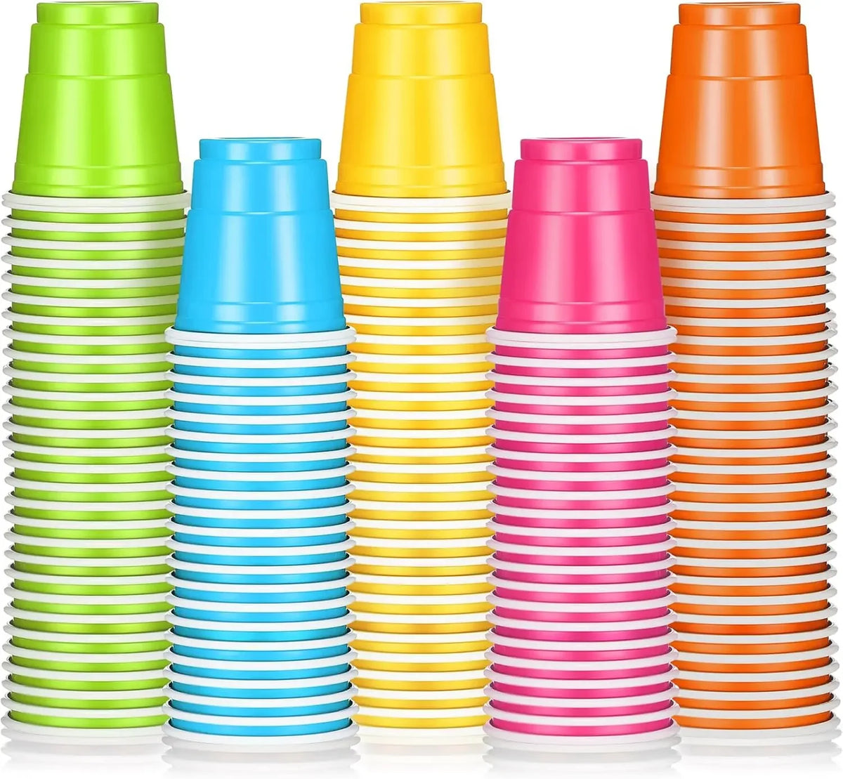 A stack of colorful disposable plastic shot cups in various shades of green, yellow, blue, and pink.