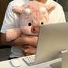 Une personne tient un jouet en peluche Highland Calf rose Kawaii et utilise un ordinateur portable argenté.
