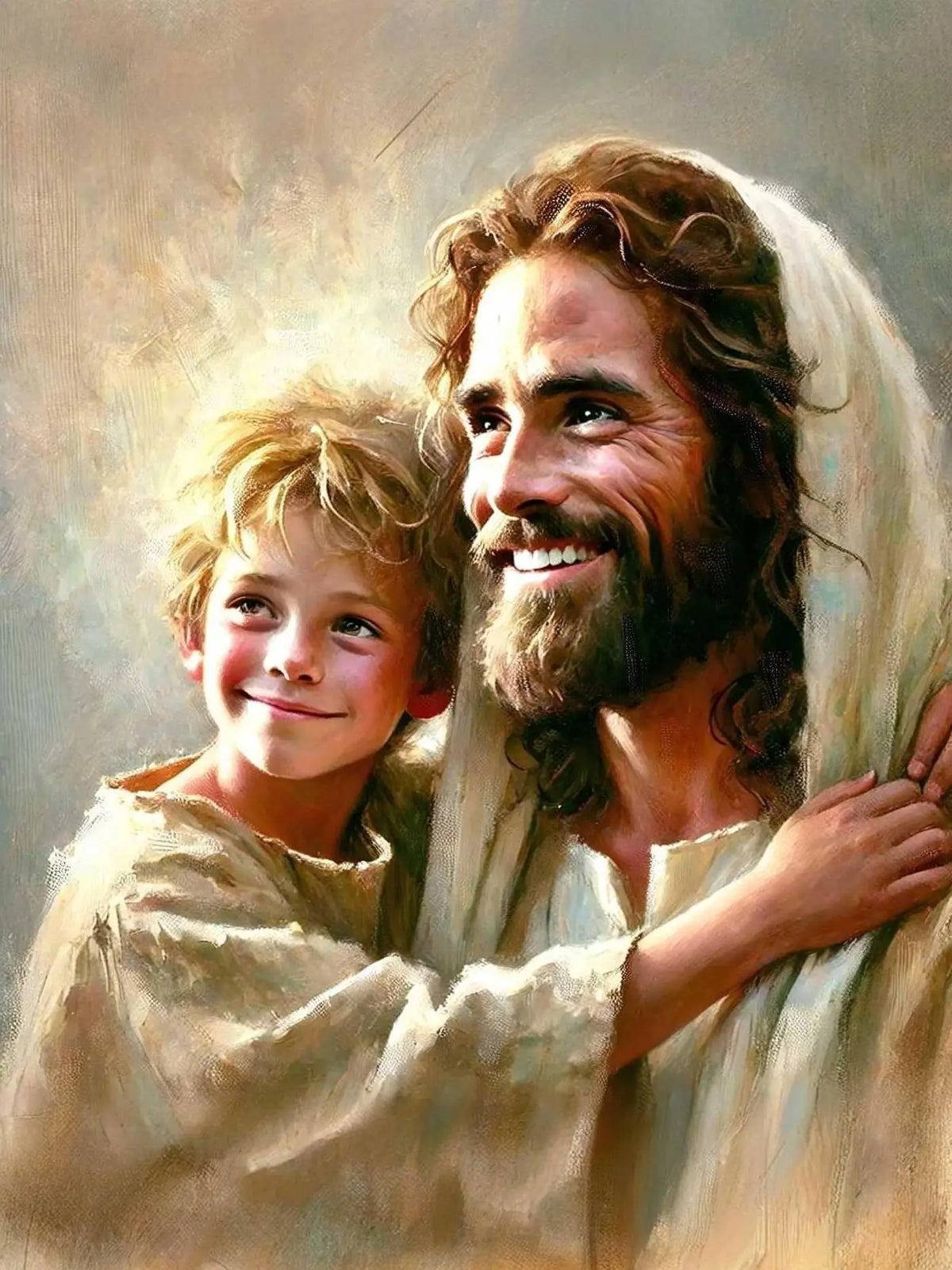 A painting depicting Jesus with a young boy, inspired by a Christian diamond painting kit.