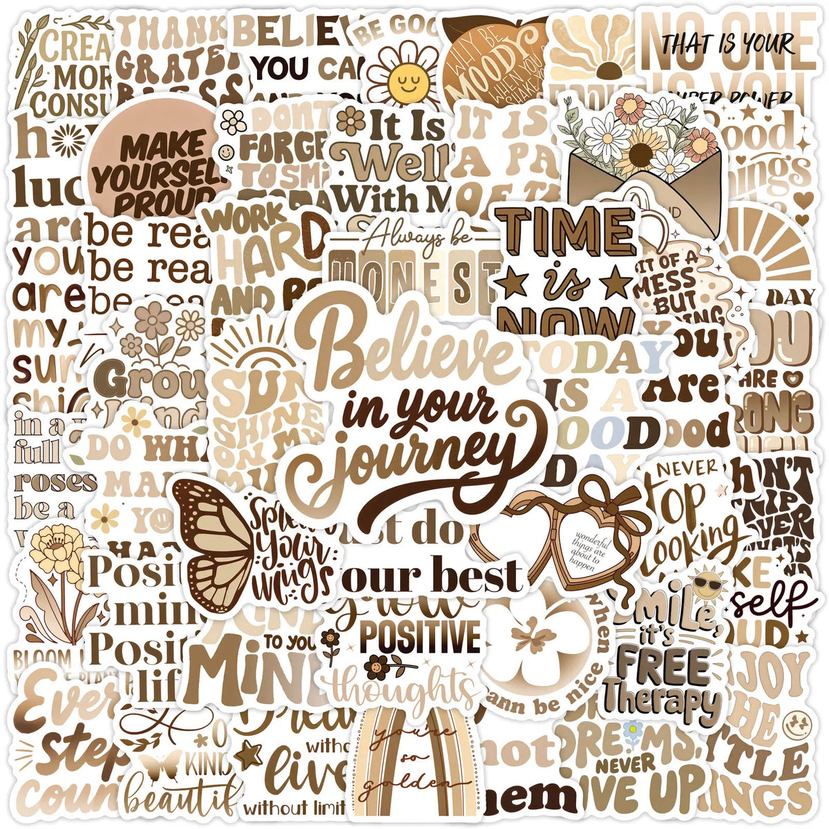 A collection of bohemian motivational quote stickers featuring various positive affirmations and inspirational words.