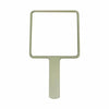 A rectangular, light green handheld makeup mirror with an ergonomic handle.
