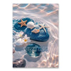 A blue diamond painting kit featuring sea elements like starfish and shells floating on water.