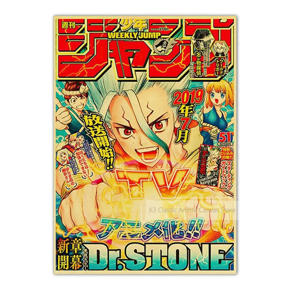 Anime Kraft Paper Poster featuring characters from JoJo, Weekly Jump, and other series.