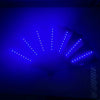 A folding hand fan illuminated by bright blue LED lights, showing a radial pattern of illumination.