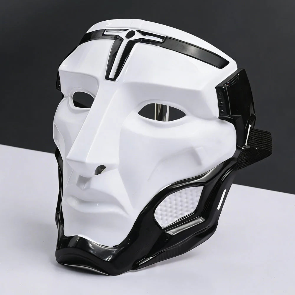 A white and black tactical warden cosplay mask is shown against a gray background.