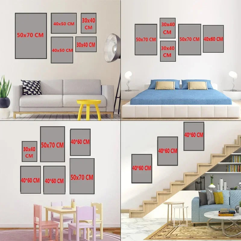 A set of framed canvas wall art featuring equestrian themes displayed in various contexts.