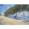 An oil painting depicting a lone figure standing near a body of water with trees lining the bank under a blue sky.