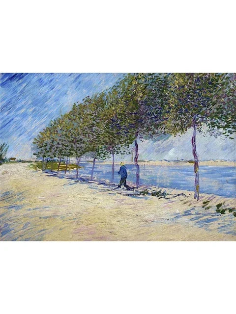 An oil painting depicting a lone figure standing near a body of water with trees lining the bank under a blue sky.