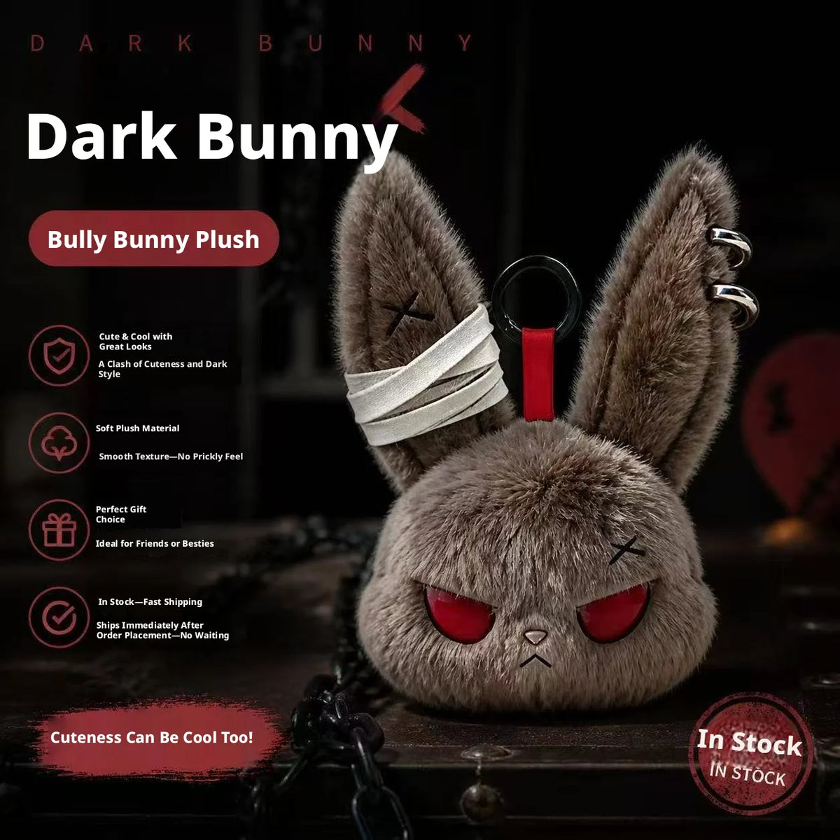 A dark brown bunny plush toy with red eyes and a white bandage design, displayed on a dark surface.