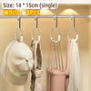 White round multi-purpose closet hooks displaying four pieces of clothing and a hat on a clothes rack