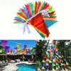 A colorful pennant banner flag decoration displayed in a fan shape and an outdoor display of triangular flags.
