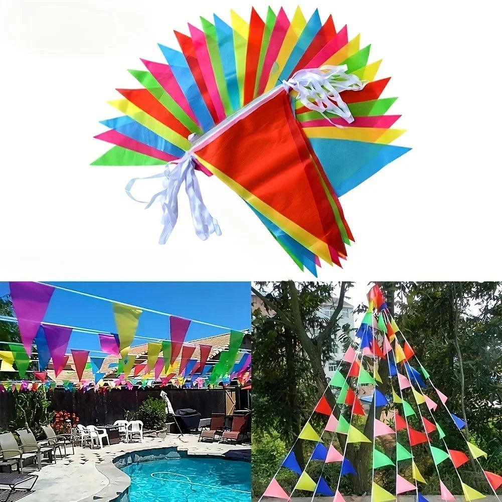A colorful pennant banner flag decoration displayed in a fan shape and an outdoor display of triangular flags.