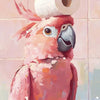 A vibrant pink and orange macaw parrot with a rolled-up white paper in its head, set against a tiled background.