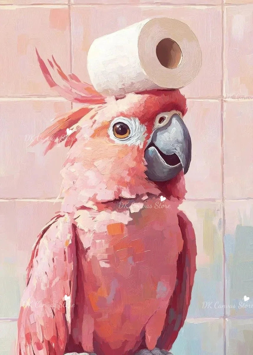A vibrant pink and orange macaw parrot with a rolled-up white paper in its head, set against a tiled background.