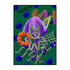 A vibrant painting featuring a purple horse head surrounded by abstract shapes and green lines on a dark green background.