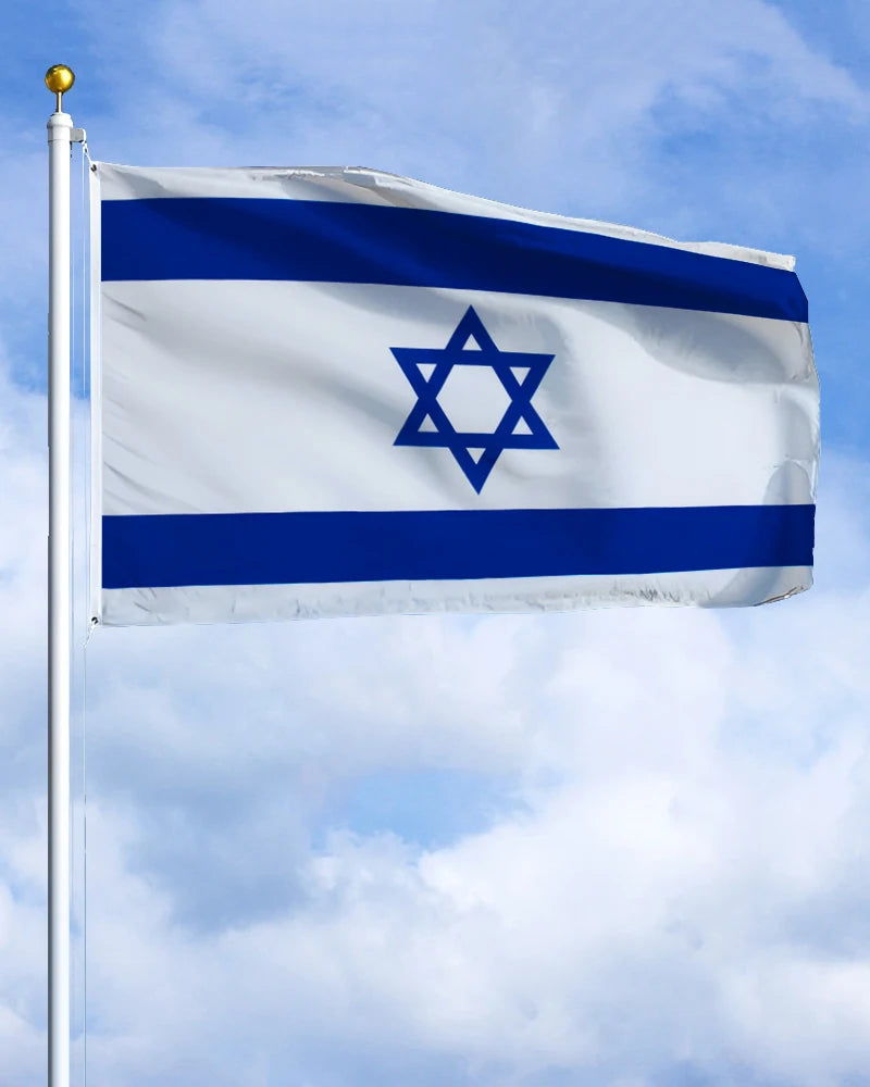A white flag of Israel with a blue Star of David and horizontal blue stripes waving in the wind.