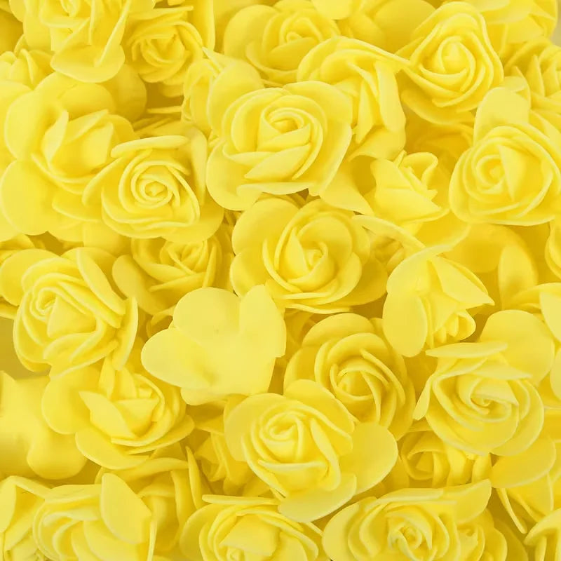 A bulk pack of realistic yellow foam rose flowers for weddings and events.