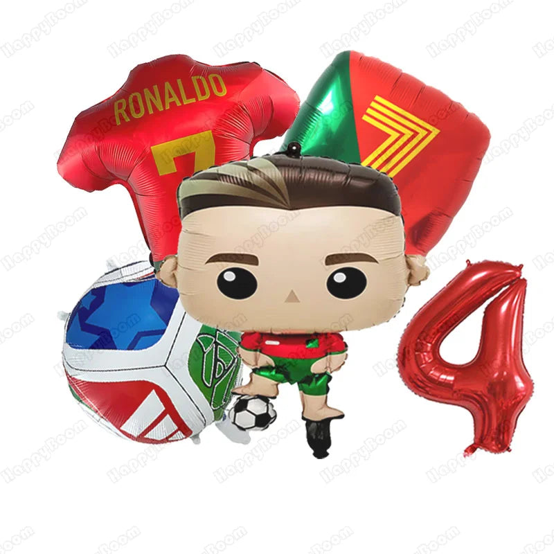 A set of football-themed birthday balloons including a character figure and large number balloons.
