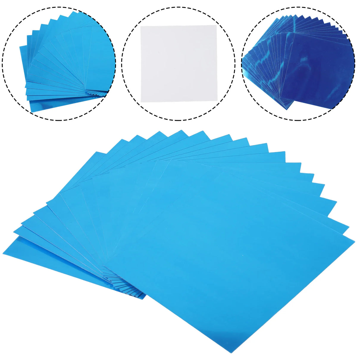 A stack of bright blue decorative acrylic mirror mosaic tiles shown in various angles.