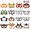 A set of 16 plastic animal masks featuring various jungle and safari animals like lions tigers elephants and leopards