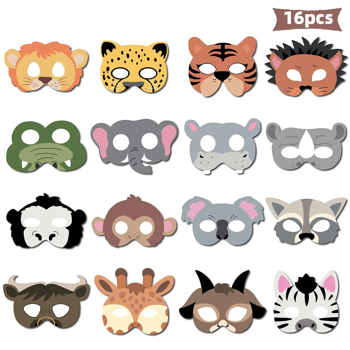 A set of 16 plastic animal masks featuring various jungle and safari animals like lions tigers elephants and leopards