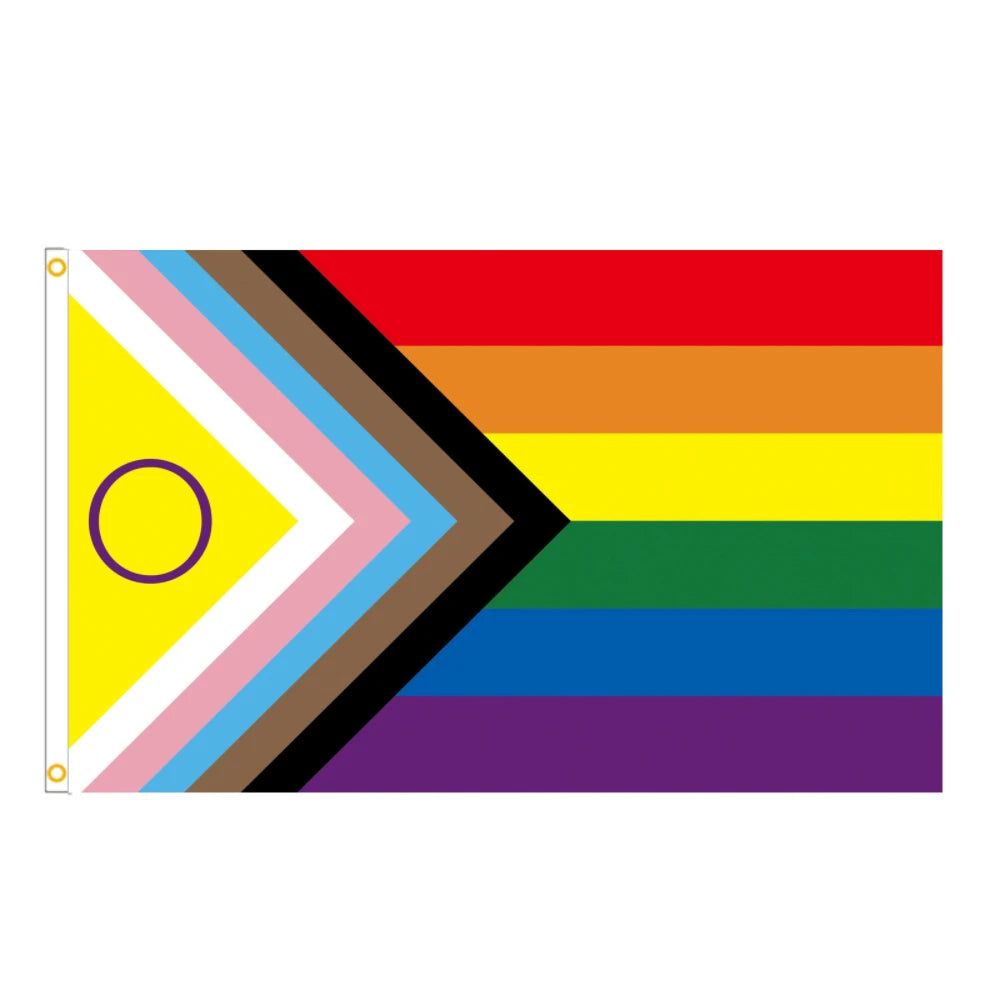 A Pride rainbow flag banner featuring horizontal stripes of red, orange, yellow, green, blue, and purple, with a chevron desi