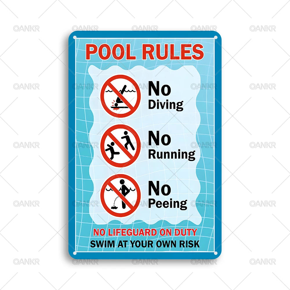 Panneau orange et bleu listant les règles de la piscine : interdiction de plonger, courir et uriner.