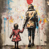 A painting depicting a silhouette of a person holding the hand of a child, with a red heart balloon above them on a textured 