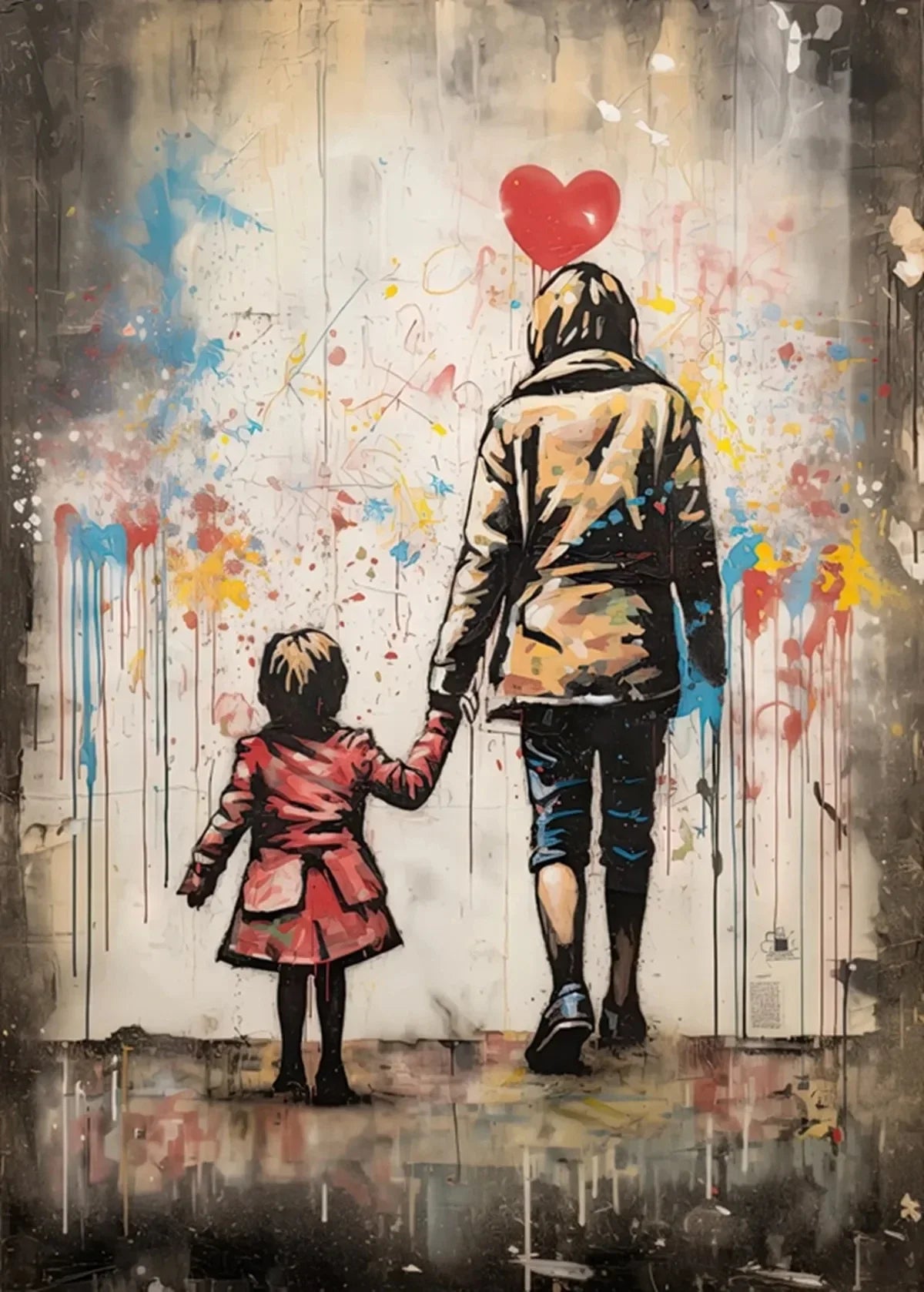 A painting depicting a silhouette of a person holding the hand of a child, with a red heart balloon above them on a textured 