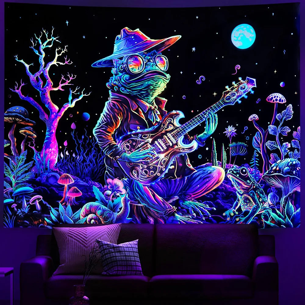 A vibrant, psychedelic illustration of an alien musician playing a guitar against a dark cosmic background.
