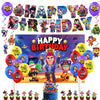A colorful display of acrylic cake toppers featuring various characters and designs for a happy birthday celebration.