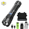 A rechargeable zoom flashlight is shown with its battery, charging cable, and accessories.