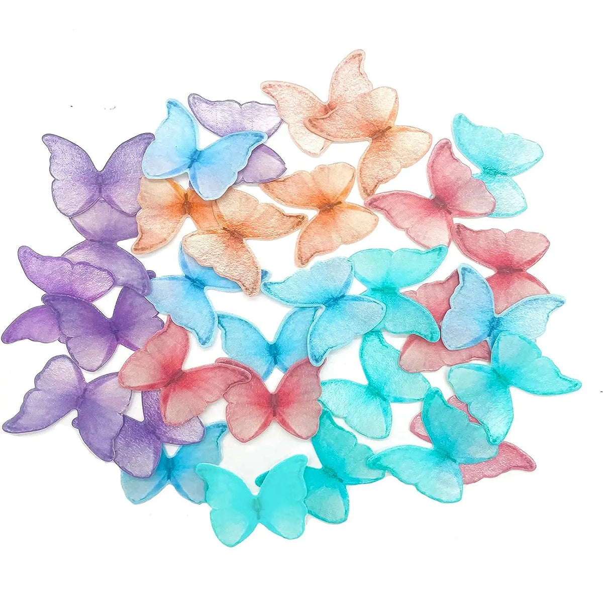 A collection of 48 pink and blue butterfly-shaped cupcake toppers in various shades.
