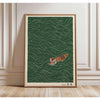 Vintage Japandi Tiger Cat canvas wall art featuring a tiger cat design on a green wavy background
