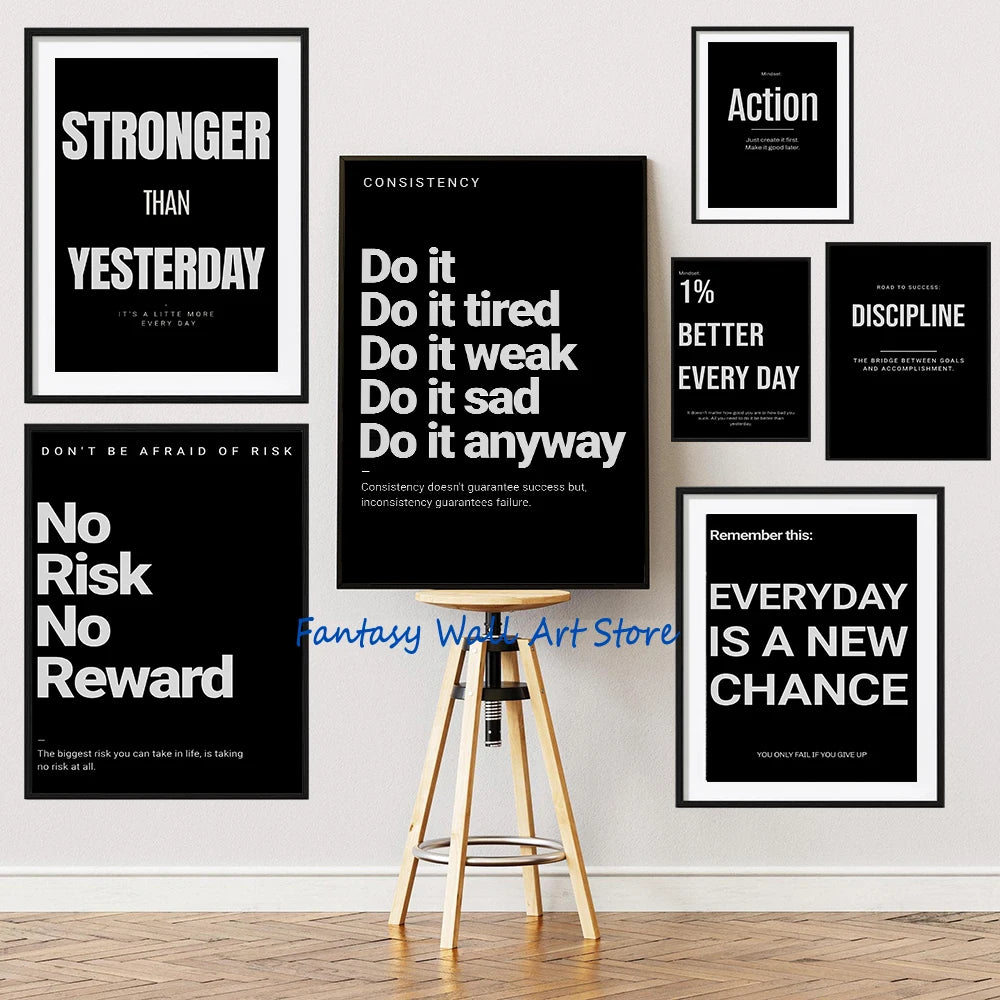 A collection of black and white motivational canvas wall art featuring quotes like Stronger Than Yesterday, Consistency, and 