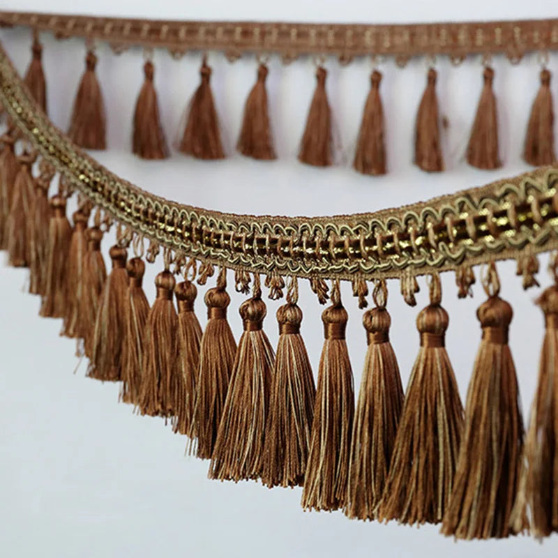 Golden brown tassel fringe trim for curtains and DIY projects