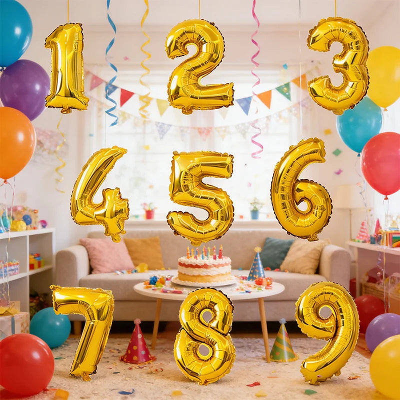 A collection of gold foil number balloons 1 through 9 scattered on a floor, ready for birthday or wedding decor.