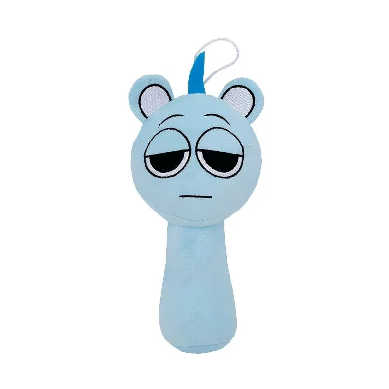 A light blue plush toy shaped like a sad, crying face with large eyes and a blue tuft on top.