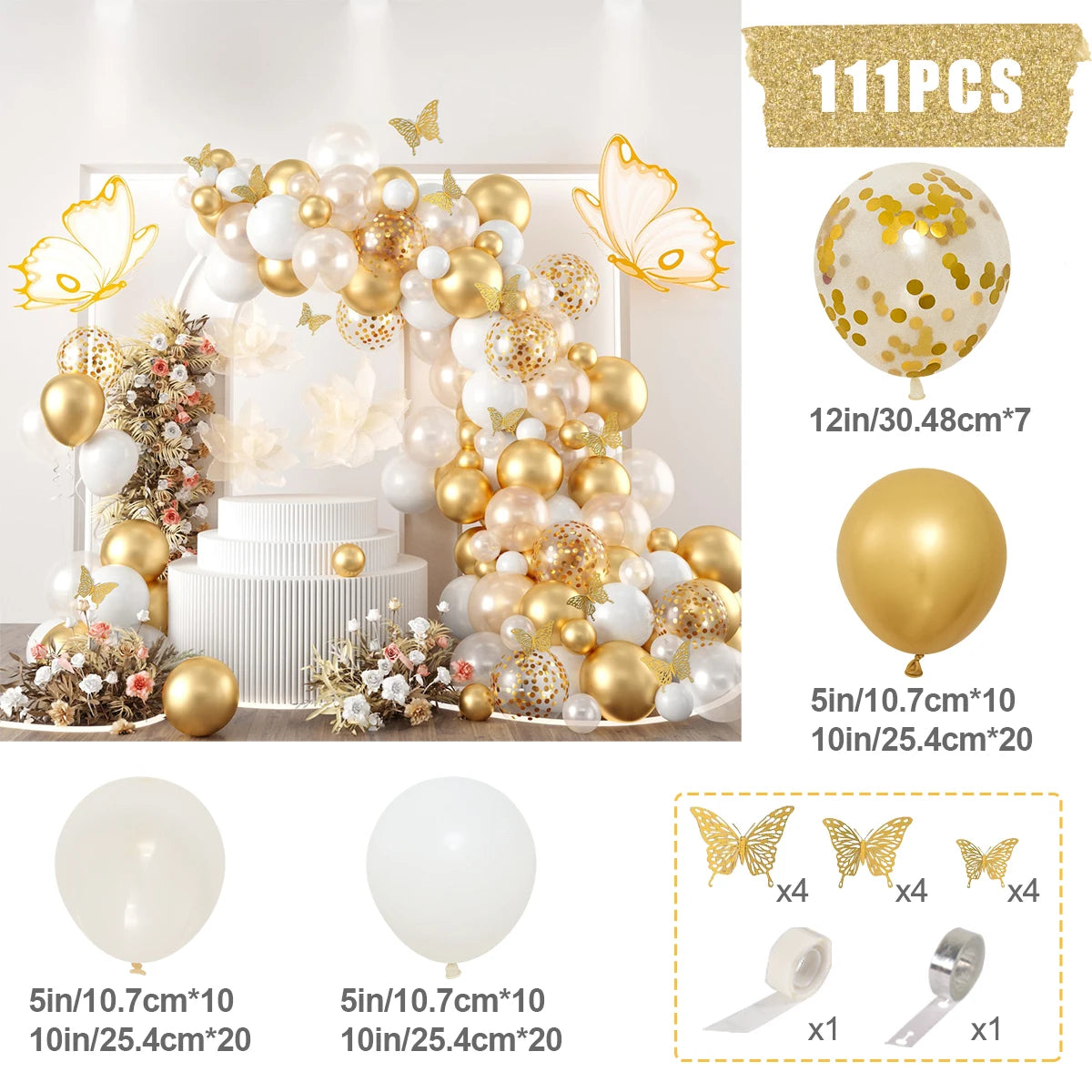 A set of 111 gold and white latex balloons with bows and ribbons arranged in a festive display.