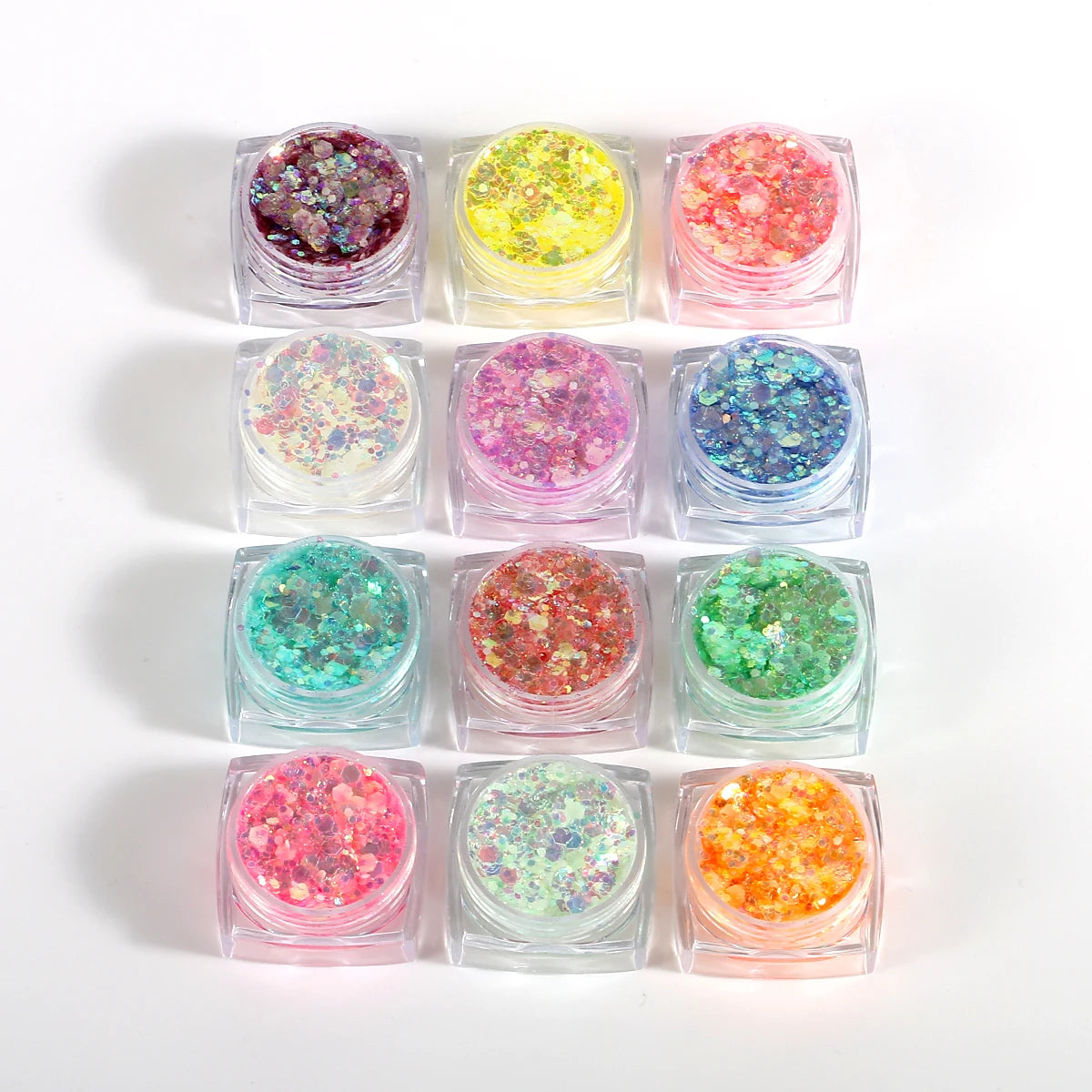 A set of twelve glow-in-the-dark glitter gels in various colors arranged in a grid.