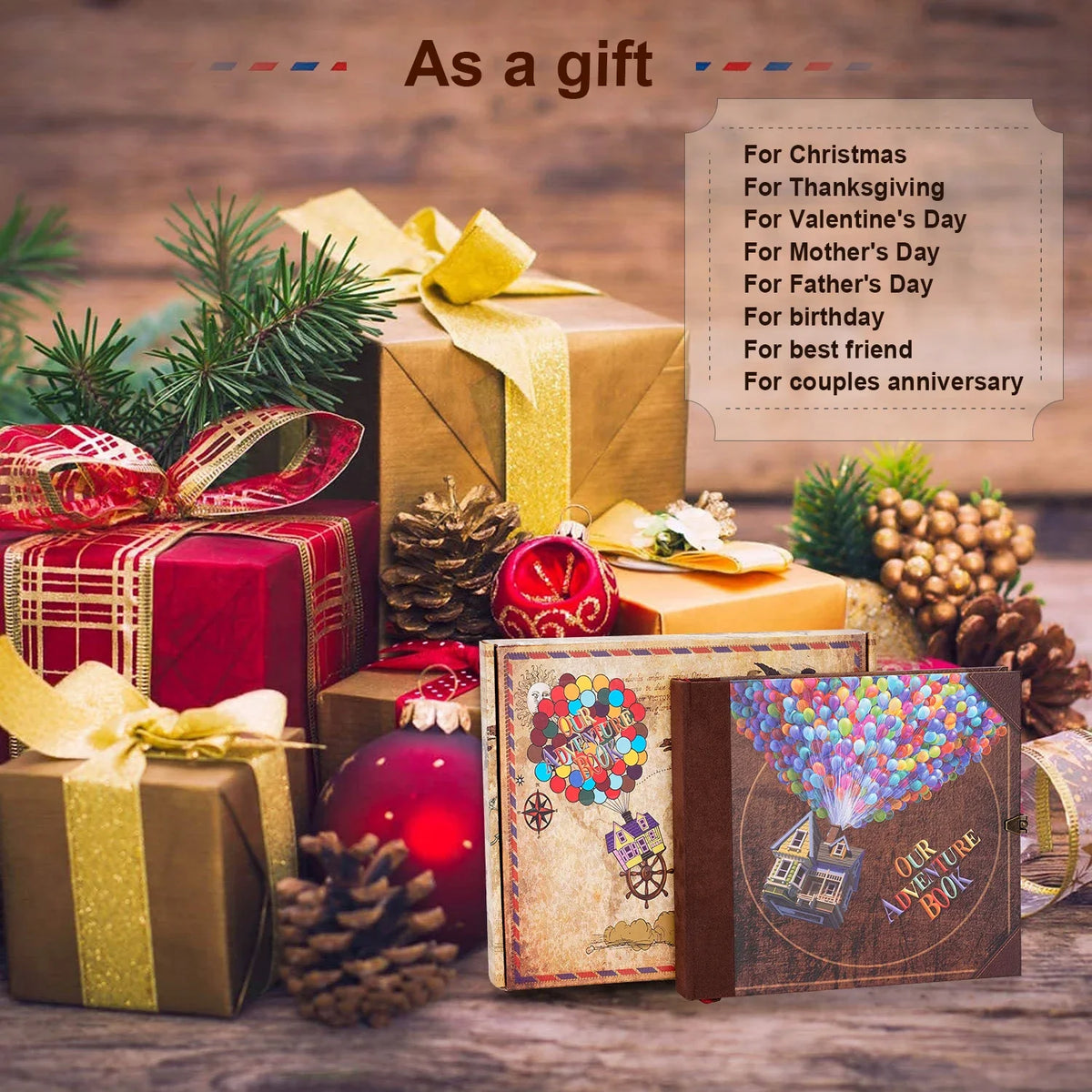 A collection of wrapped gifts and a handmade photo scrapbook album displayed on a wooden surface.