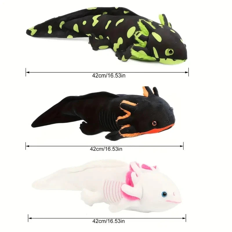 A plush toy of an axolotl with black and neon green markings, shown from the side.