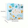 A light blue photo album featuring cute baby-themed illustrations like a bird, a baby bottle, and various small icons for mem