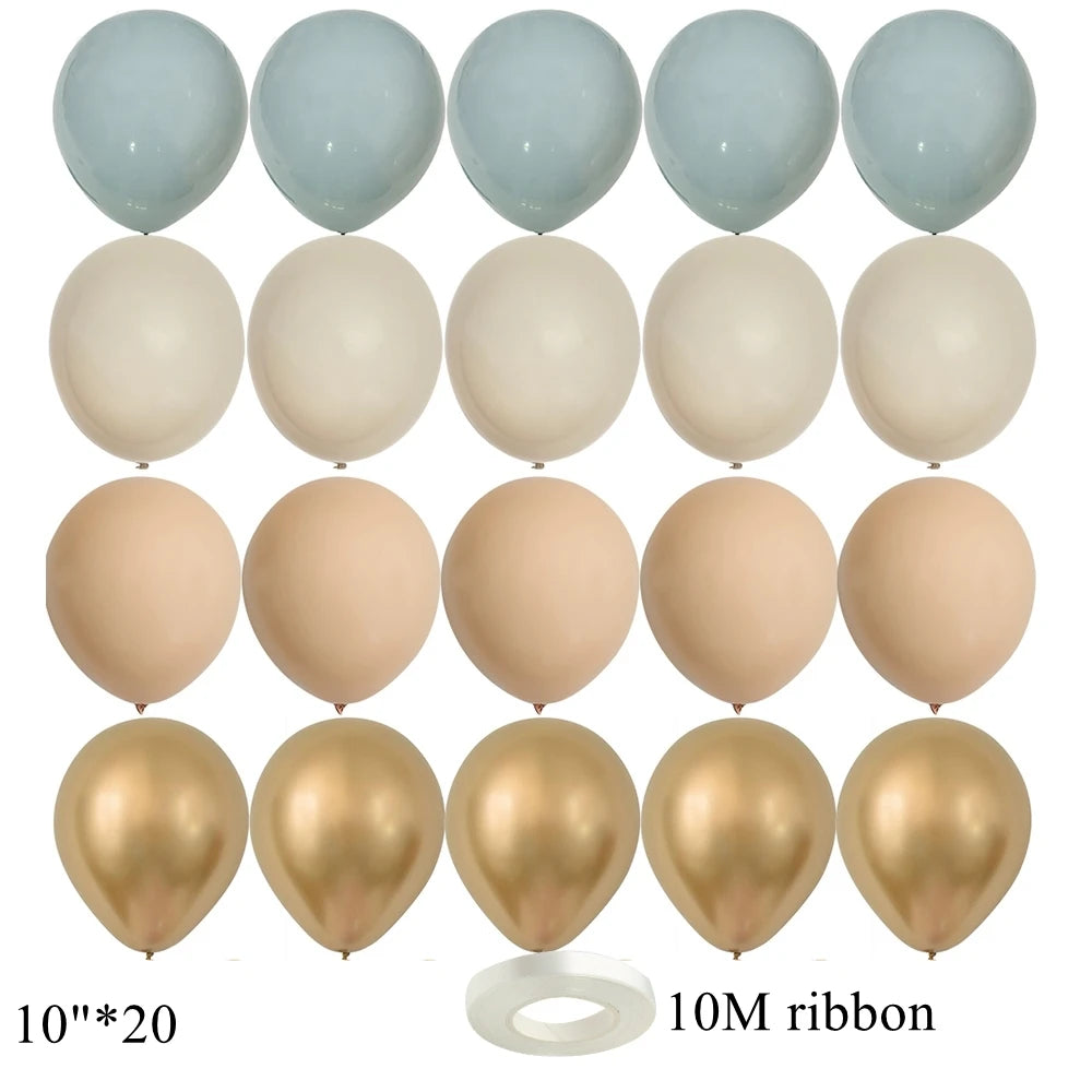 A set of 20 latex balloons in various shades of blue, white, and gold, along with a roll of 10M ribbon.