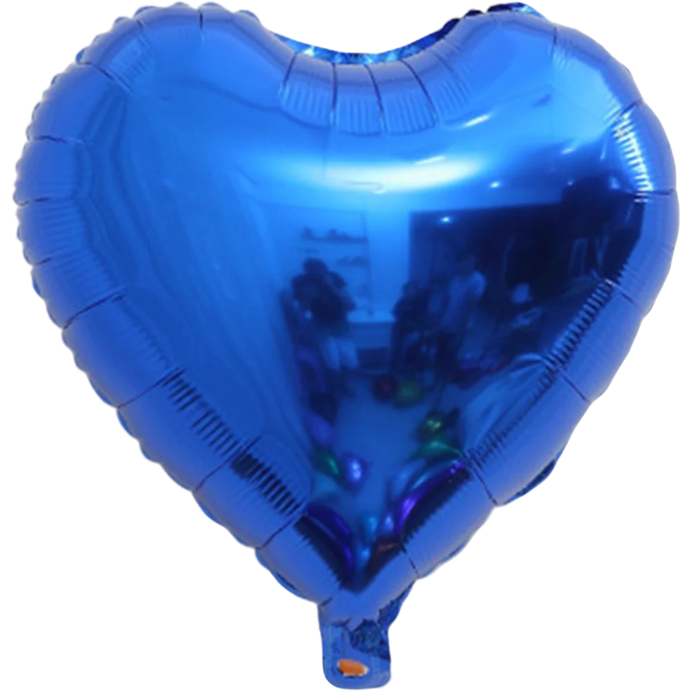 A close-up of a blue heart-shaped foil balloon filled with confetti and stars.